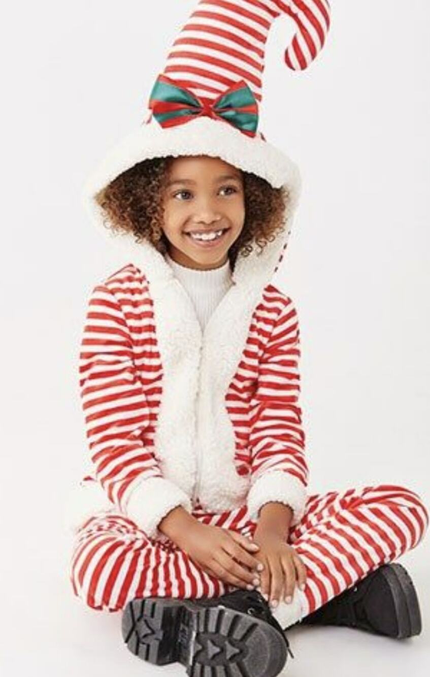 Forever 21 Kids Holiday Christmas Candy Stripe Elf Hood Pajama Onsie Size 11/12